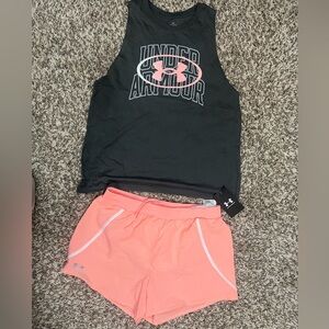 Both pieces.  Under Armour shorts size Small, Tank size Small